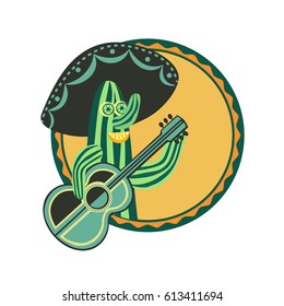 Mexican poster concept. Freehand drawn fancy cartoon style. Decorative round frame. Green cute Cactus cacti in sombrero playing  guitar, traditional symbol of Mexico. Vector element badge background