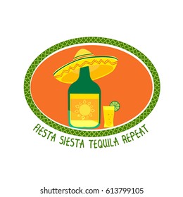 Mexican poster concept. Freehand drawn flat style. Fiesta Siesta in Spanish festival rest. Bottle of tequila in sombrero. Traditional symbol of Mexico. Vector sign element banner background