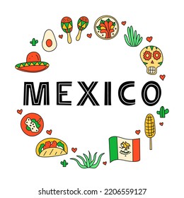 Mexican poster with national landmarks, food and attractions in doodle style composed in circle shape isolated on white background.