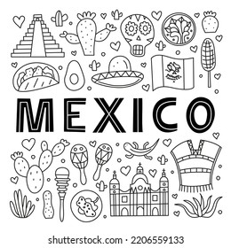 Mexican poster with national landmarks, food and attractions in doodle style isolated on white background.