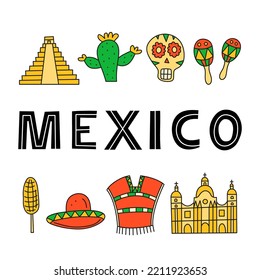 Mexican poster with national landmarks, food and attractions in doodle style isolated on white background.