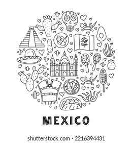Mexican poster with national landmarks, food and attractions in doodle style composed in circle shape isolated on white background.