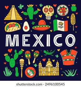 Mexican poster with national landmarks, food and attractions in doodle style isolated on dark background.