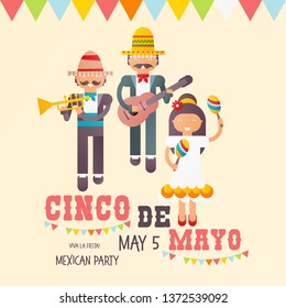 Mexican Poster in Retro Style. Cinco de Mayo Festival. Mexican Musicians In Traditional Clothes. Vector Illustration.
