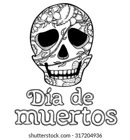 Mexican poster with sugar skull and text 'day of the dead '. Hand drawn black isolate line art.