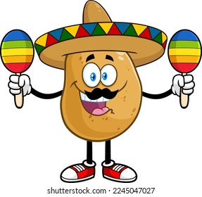 Mexican Potato Cartoon Character With Sombrero Playing With Maracas. Vector Hand Drawn Illustration Isolated On Transparent Background