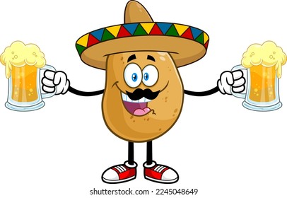 Mexican Potato Cartoon Character With Sombrero With Two Mugs Of Beer. Vector Hand Drawn Illustration Isolated On Transparent Background