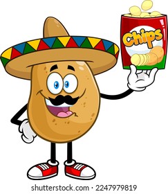 Mexican Potato Cartoon Character With Sombrero Holding Up A Bag Of Chips. Vector Hand Drawn Illustration Isolated On Transparent Background
