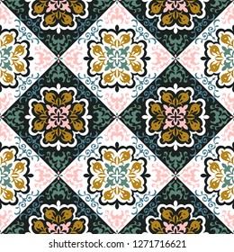 Mexican pottery Talavera. Portuguese tile azulejo. Damask floral background. Turkish ornament, Moroccan mosaic. Spanish porcelain. Ceramic dishes, folk print. Mediterranean wallpaper. Art Deco. 