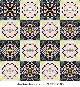 Mexican pottery Talavera. Portuguese tile azulejo. Damask floral background. Turkish ornament, Moroccan mosaic. Spanish porcelain. Ceramic dishes, folk print. Mediterranean wallpaper. Art Deco. 