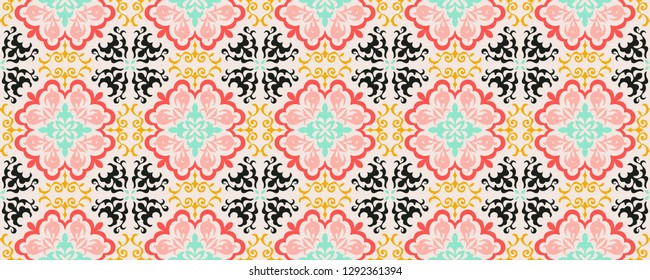 Mexican pottery Talavera. Portuguese tile azulejo. Damask floral background. Turkish ornament, Moroccan mosaic. Spanish porcelain. Ceramic dishes, folk print. Mediterranean wallpaper. Art Deco. 