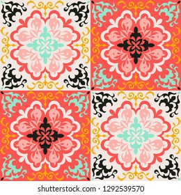Mexican pottery Talavera. Portuguese tile azulejo. Damask floral background. Turkish ornament, Moroccan mosaic. Spanish porcelain. Ceramic dishes, folk print. Mediterranean wallpaper. Art Deco. 