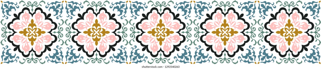 Mexican pottery Talavera. Portuguese tile azulejo. Damask floral background. Turkish ornament, Moroccan mosaic. Spanish porcelain. Ceramic dishes, folk print. Mediterranean wallpaper. Art Deco. 