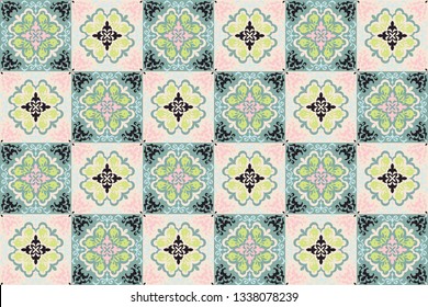 Mexican pottery Talavera. Portuguese tile azulejo. Damask floral background. Turkish ornament, Moroccan mosaic. Spanish porcelain. Ceramic dishes, folk print. Mediterranean wallpaper. Art Deco. 
