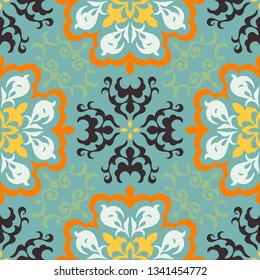 Mexican pottery Talavera. Portuguese tile azulejo. Damask floral background. Turkish ornament, Moroccan mosaic. Spanish porcelain. Ceramic dishes, folk print. Mediterranean wallpaper. Art Deco. 