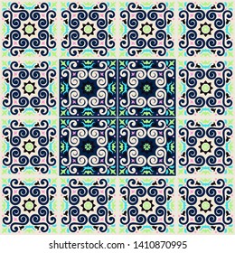 Mexican pottery Talavera. Portuguese tile azulejo. Damask floral background. Turkish ornament, Moroccan mosaic. Spanish porcelain. Ceramic dishes, folk print. Mediterranean wallpaper. Art Deco.