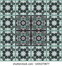 Mexican pottery Talavera. Portuguese tile azulejo. Damask floral background. Turkish ornament, Moroccan mosaic. Spanish porcelain. Ceramic dishes, folk print. Mediterranean wallpaper. Art Deco.