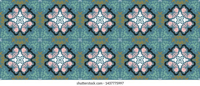 Mexican pottery Talavera. Portuguese tile azulejo. Damask floral background. Turkish ornament, Moroccan mosaic. Spanish porcelain. Ceramic dishes, folk print. Mediterranean wallpaper. Art Deco. 