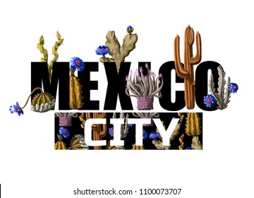 Mexican print for t-shirt with slogan and cactus flowers. Vector illustration.