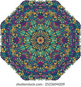 Mexikanische psychedelische helle Farben. Ethnischer geometrischer Druck. Festival nahtlose Muster Mandala rund Ornament Doodle Blumen Muster in handgezeichnetem Stil.