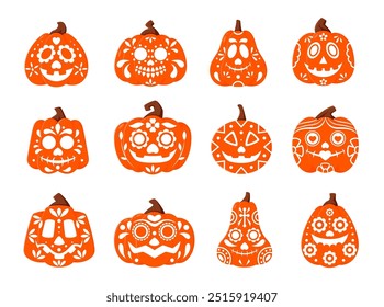 Mexican pumpkins, dia de los muertos characters with sugar skull pattern. Vector funny and spooky Halloween calaca gourd faces, symbol of celebration of rich heritage, culture and folklore of Mexico