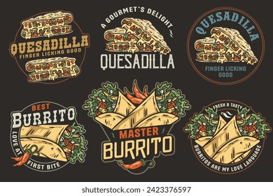 Mexican quesadilla and burrito set vector with cheese and vegetable for logo or emblem. Latin traditional mexican fast food. Mexico food with tortilla and meat for poster or print.