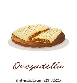 Mexican quesadilla corn tortilla with minced meat and cheese on a wooden tray. Fast food restaurant and street food snacks, meat tortillas, takeaway food delivery