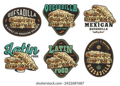 Mexican quesadilla set vector with cheese and vegetable for logo or emblem. Latin traditional mexican fast food. Quesadillas Mexico food with tortilla and meat for poster or print.
