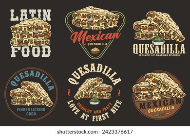 Mexican quesadilla set vector with cheese and vegetable for logo or emblem. Latin traditional mexican fast food. Quesadillas Mexico food with tortilla and meat for poster or print.