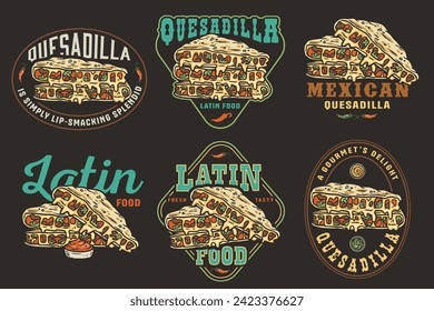 vector de quesadilla mexicana con queso y verdura para logotipo o emblema. comida rápida tradicional mexicana latina. Quesadillas México comida con tortilla y carne para carteles o impresos.