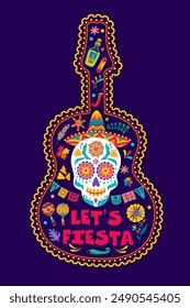 Mexican quote let us fiesta with musical guitar and calavera sugar skull. Vector motto in spirit Mexico. Celebrate life, culture, and joy with vibrant colors, delicious cuisine, and lively music