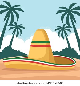 mexican radicional culture with a mexican hat icon cartoon over the sand with palms and cloud in tropical lanscape vector illustration graphic design