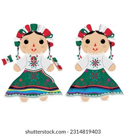 Mexican Rag doll with typical decorations of Independence Day, such as a flag, Matraca, and a mariachi bow. The patriotic Rag doll: A tribute to Mexico's Independence Day. Mexican Rag doll.