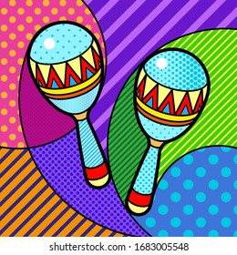 Mexican rattle music instrument Modern colourful pop art graphic element for your design. Vector music equipment artistic illustration in pop-art comic style. 