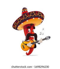 Mexican red chili pepper mariachi character in sombrero playing the guitar. Isolated cartoon vector jalapeno for Mexican holiday celebration. Red pepper with mustaches, mariachi guitarist musician