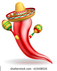 A Mexican red chilli pepper cartoon character wearing a sombrero straw hat and holding maracas shakers 