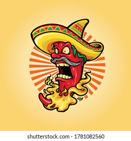 Mexican Red Hot Chili Pepper with hat icon Mascot Logo for restaurant food and drink