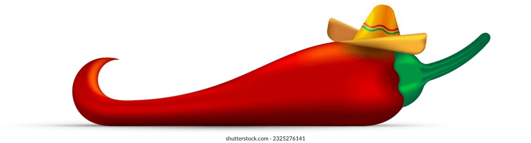 Mexican red hot chili pepper. Traditional Mexican hat. 3D realistic vector illustration isolated on white.