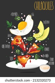 Mexican red sauce or salsa chilaquiles with cream cheese, onion, jalapenos, avocado served with egg. Vector illustration