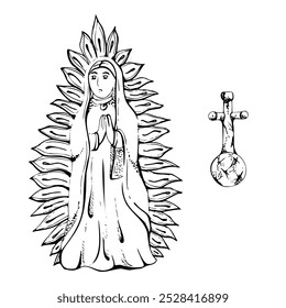 Símbolo religioso mexicano, Santa Virgen María de Guadalupe en llamas, escultura cristiana católica. Ilustración vectorial de tinta dibujada a mano. Elemento único aislado en blanco. Diseño de viajes, vacaciones, folleto