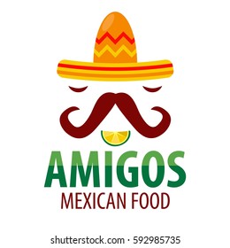 Mexican restaurant Amigos logo template of sombrero hat with mustaches, lemon lime slice mouth and chili pepper eyes. Mexico food factory or sign or tequila bar vector isolated icon