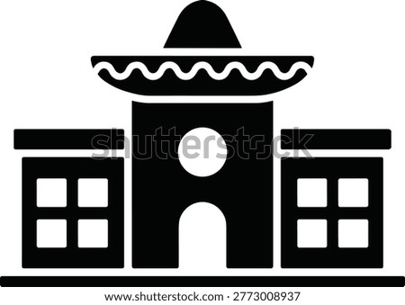 Mexican restaurant building flat vector icon illustration. traditional food establishment with sombrero on top. black silhouette.