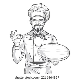 Mexican restaurant chef logotype monochrome with bearded smiling guy with wooden empty tray and approving gesture vector illustration