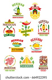 Mexican restaurant or fast food bar icons set. Vector isolated symbols of sombrero and agave cactus, tequila bottle and burrito or nachos in salsa sauce or soup, spicy chili pepper for Mexico cuisine