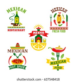 Mexican restaurant or food cafe vector icons. Symbols of spicy chili pepper jalapeno, tequila drink and lime, nachos chips with salsa sauce or soup and traditional sombrero hat for Mexico cuisine