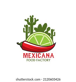 Mexican restaurant food factory icon, vector jalapeno chili pepper, lime slice and cacti. Cartoon emblem with traditional symbols of Mexico. Design element for tex mex Latin cafe menu isolated label