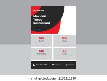 Mexican Restaurant Food Menu Flyer Poster Design. Tacos Special Food Mexican Restaurant Flyer Design Template