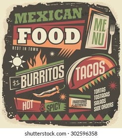 Mexican restaurant funky menu design concept. Retro food design elements collection. Vintage poster with tacos and burritos on old paper texture.