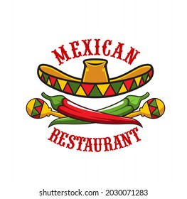 Mexican restaurant icon of vector sombrero hat, maracas, red chilli pepper and green jalapeno. Mexican cuisine spice food and festive sombrero symbol of comida, tex-mex restaurant or bistro design