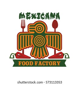 Mexican restaurant icon of vector symbol of Aztec or Inca totem bird, red chili spicy jalapeno pepper, spoon and fork for traditional mexican cuisine, fast food or snacks, tequila drink bar design